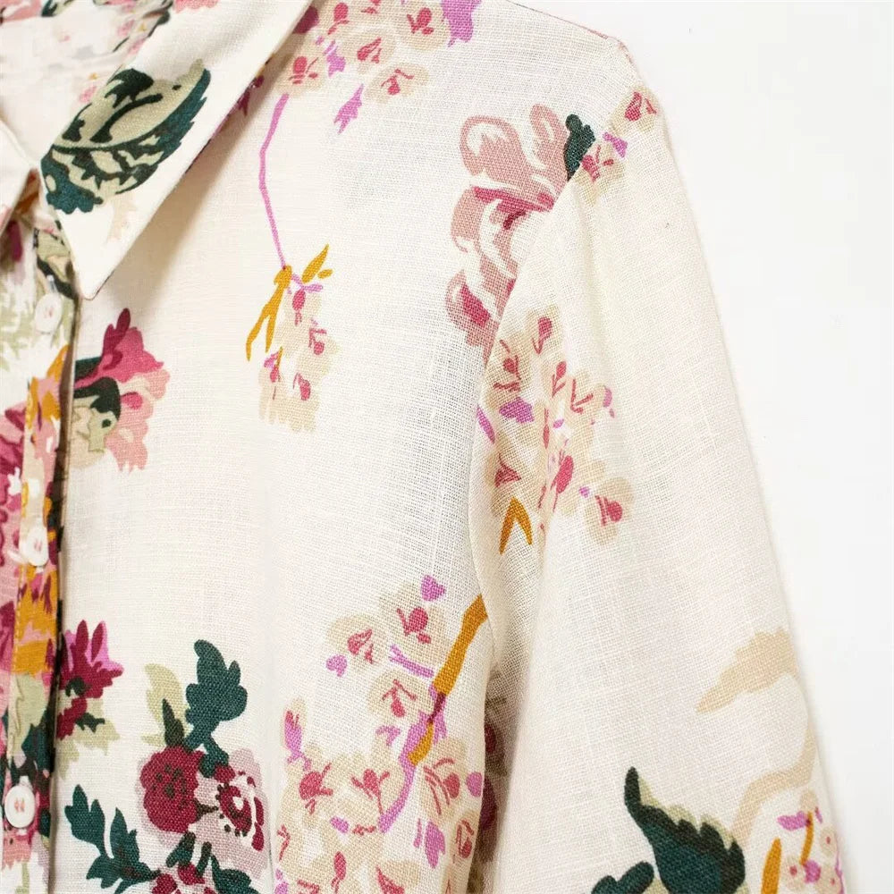 Vestido camisero de algodón y cáñamo con diseño floral