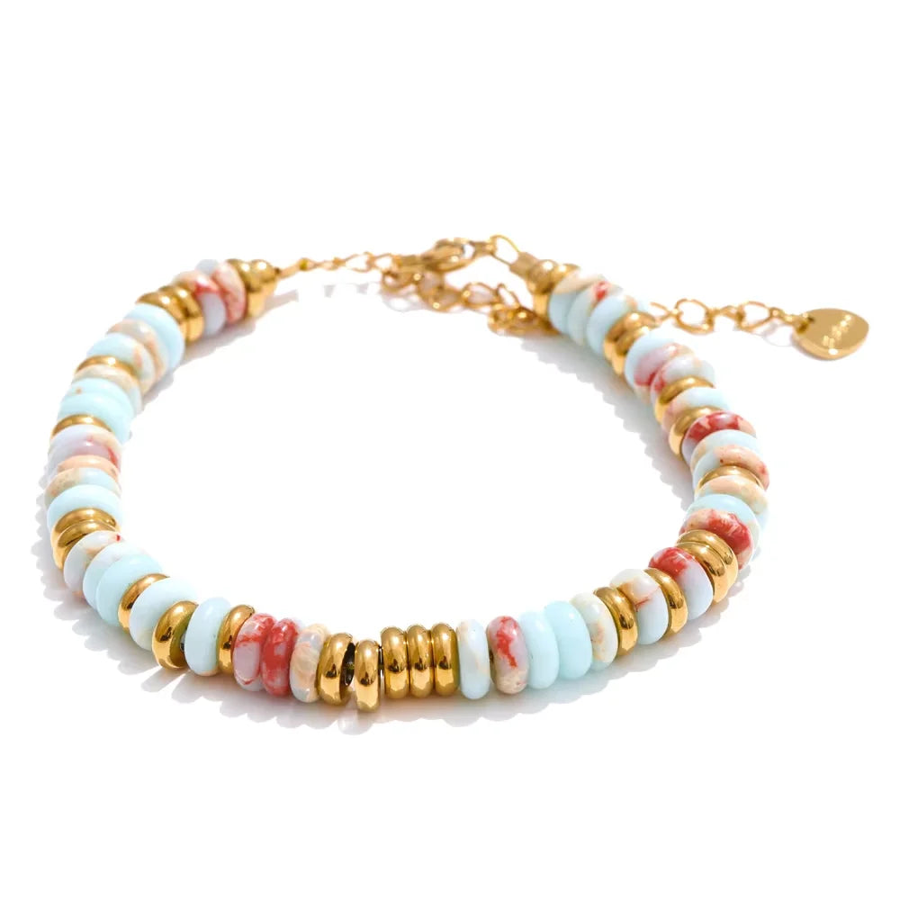 Pulseras de acero inoxidable hechas a mano con cadena de cuentas de piedra natural colorida / Varias combinaciones