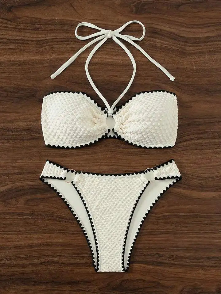 Bikini acanalado con cuello halter corte alto