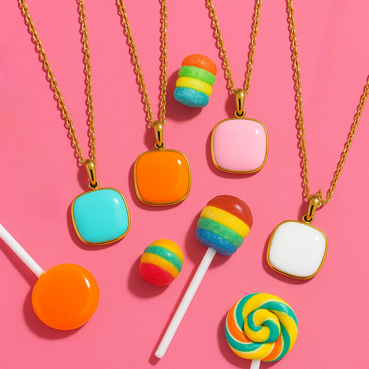 CANDY🍭 Collares con colgante cuadrado de color caramelo esmaltado de acero inoxidable / Varios colores