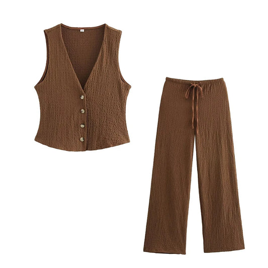 Set de 2 piezas con textura/chaleco y pantalones vintage de cintura alta elástica/Varios colores