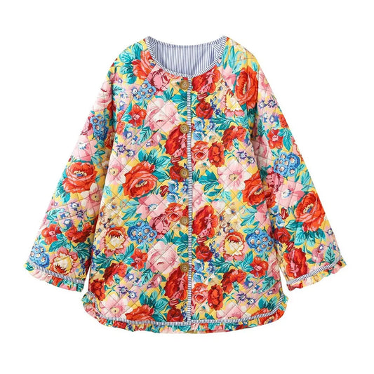 Chaqueta de cuello redondo a rayas estampado retro floral