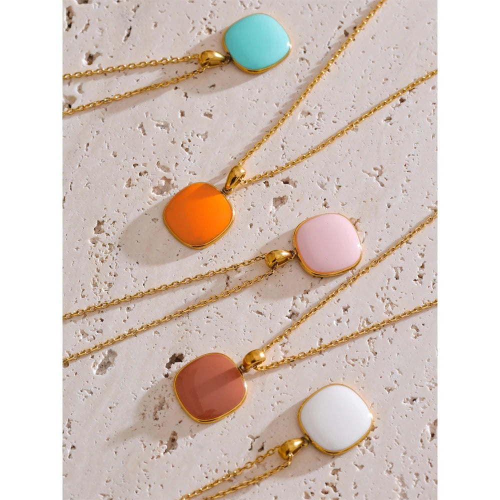 CANDY🍭 Collares con colgante cuadrado de color caramelo esmaltado de acero inoxidable / Varios colores
