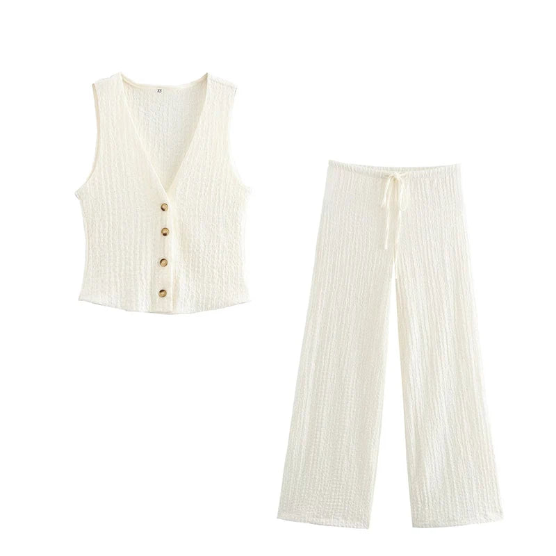 Set de 2 piezas con textura/chaleco y pantalones vintage de cintura alta elástica/Varios colores