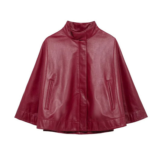 Chaqueta corta borgoña de piel sintética