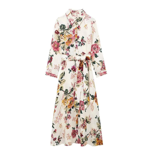 Vestido camisero de algodón y cáñamo con diseño floral
