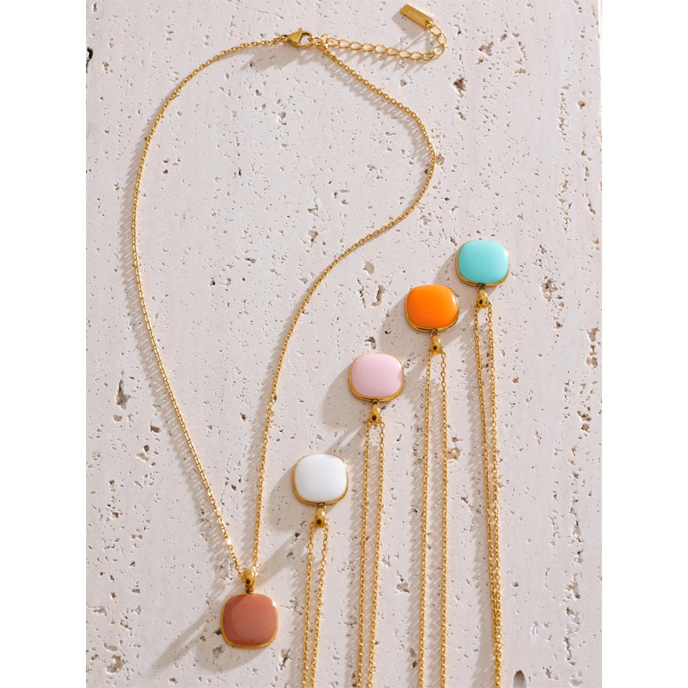 CANDY🍭 Collares con colgante cuadrado de color caramelo esmaltado de acero inoxidable / Varios colores