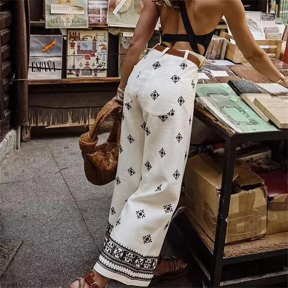 Pantalón retro ancho bordado con flores minimalistas