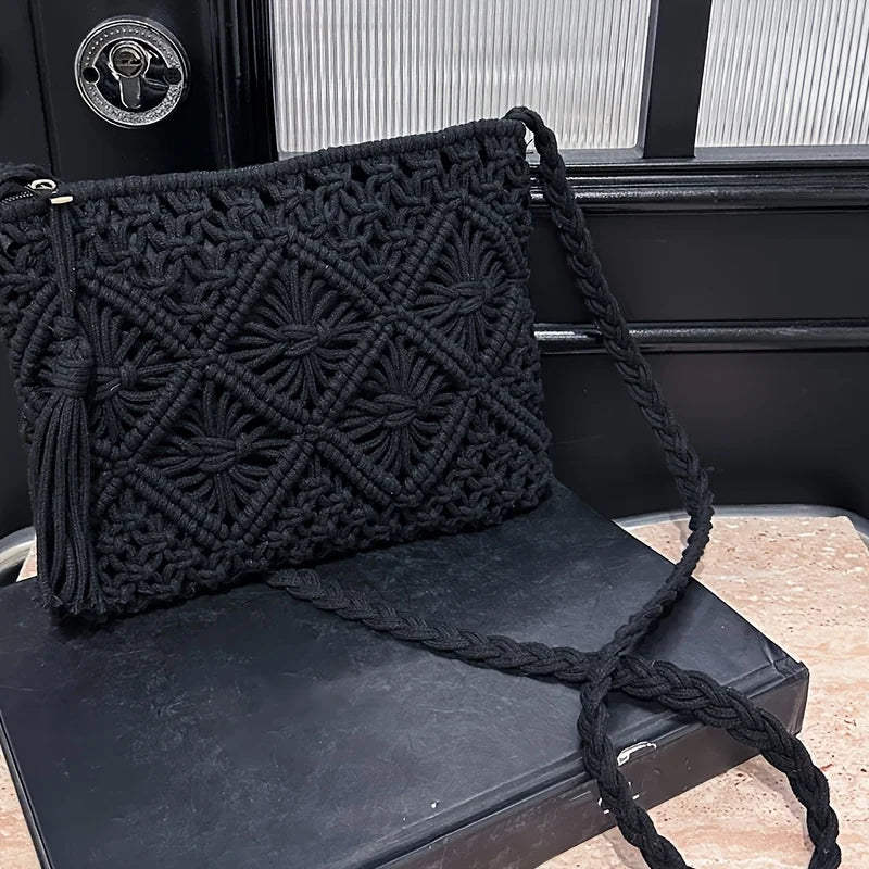 Bolso de hombro boho chic de algodón tejido con cierre de cremallera y forro interior / Varios colores