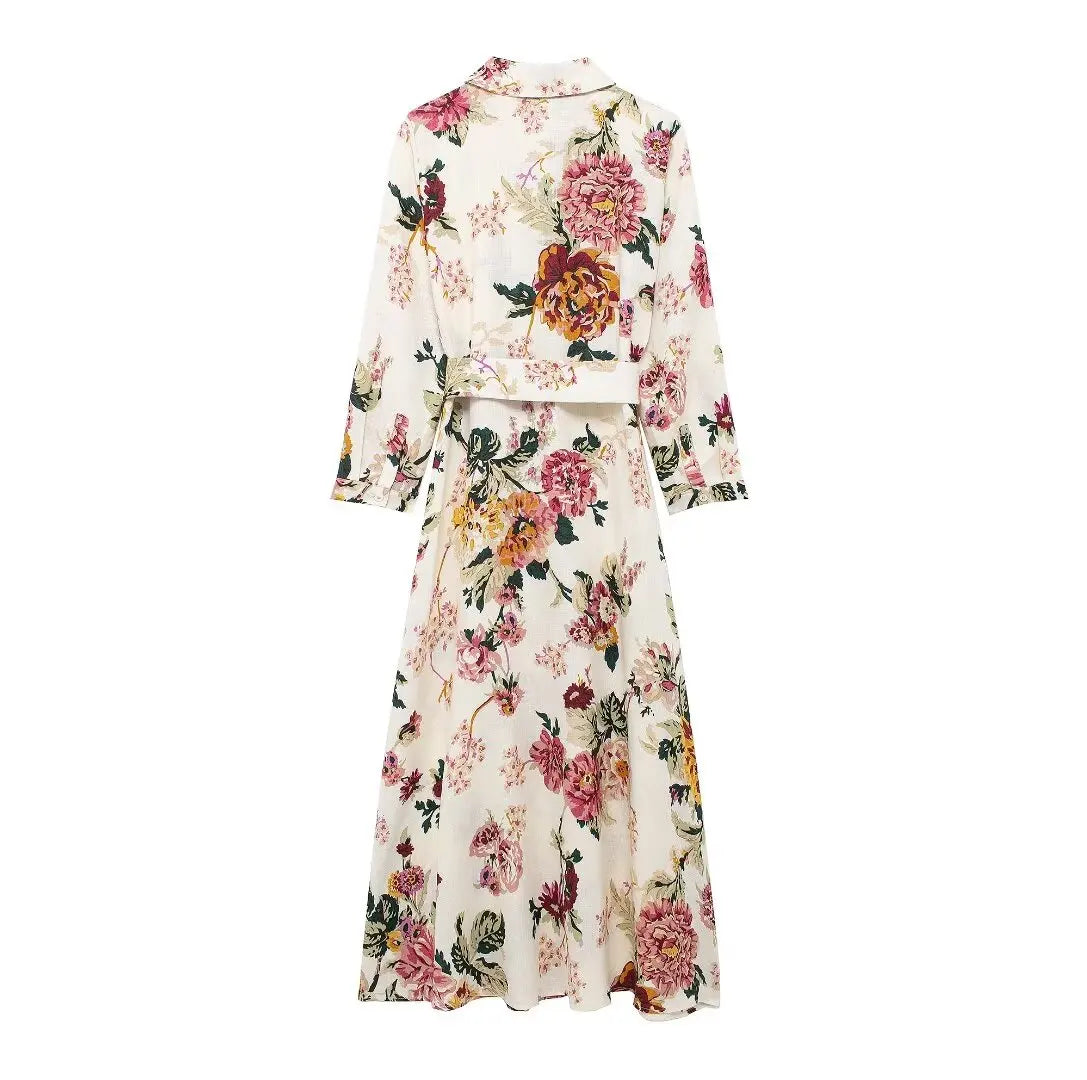 Vestido camisero de algodón y cáñamo con diseño floral