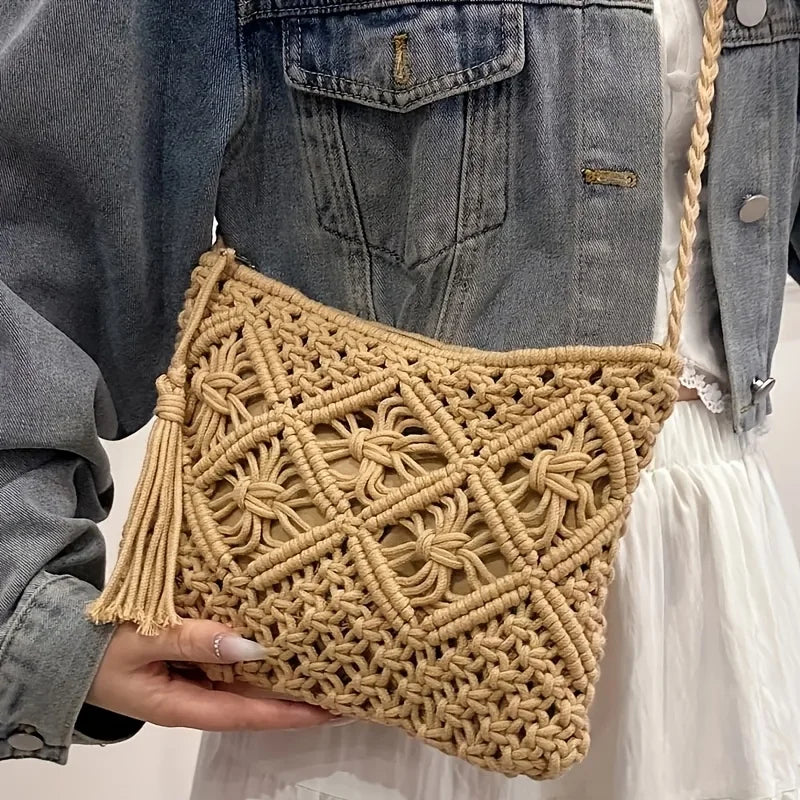 Bolso de hombro boho chic de algodón tejido con cierre de cremallera y forro interior / Varios colores