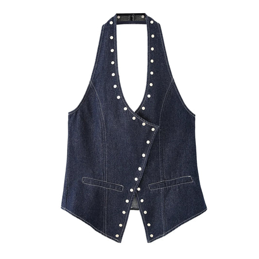 Chaleco de mezclilla vaquero estilo halter con espalda descubierta