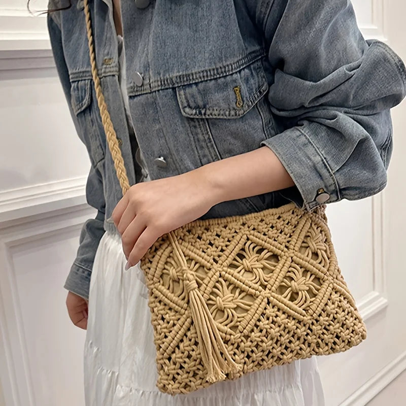 Bolso de hombro boho chic de algodón tejido con cierre de cremallera y forro interior / Varios colores