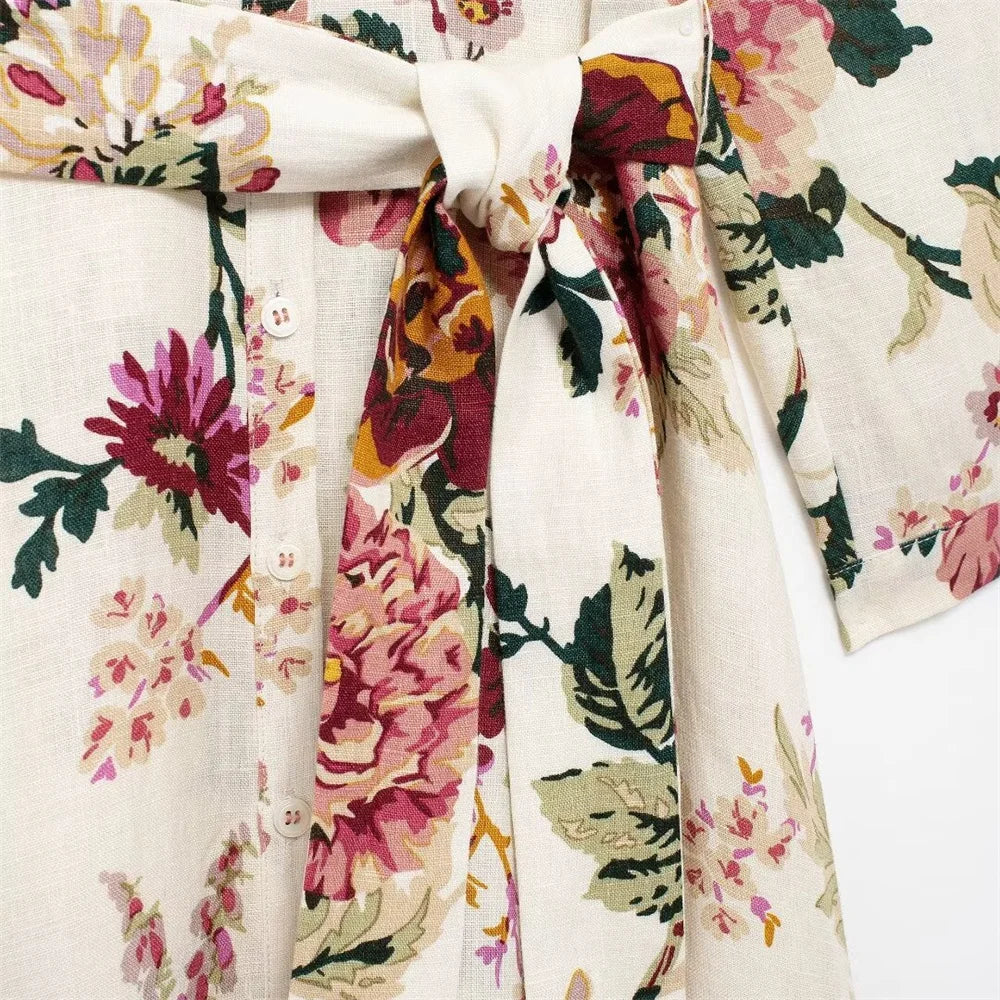 Vestido camisero de algodón y cáñamo con diseño floral