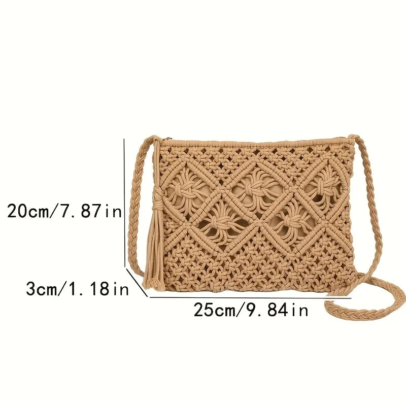 Bolso de hombro boho chic de algodón tejido con cierre de cremallera y forro interior / Varios colores