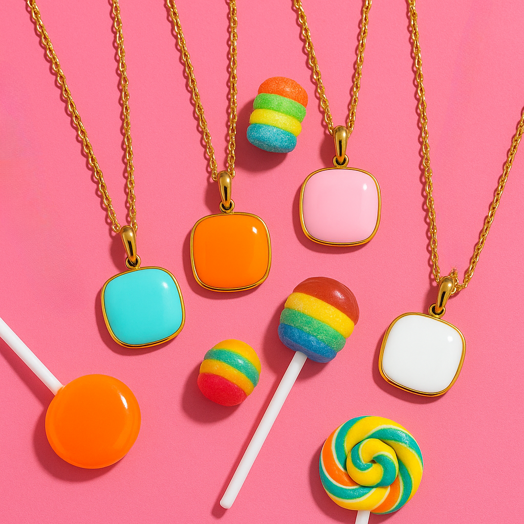 CANDY🍭 Collares con colgante cuadrado de color caramelo esmaltado de acero inoxidable / Varios colores